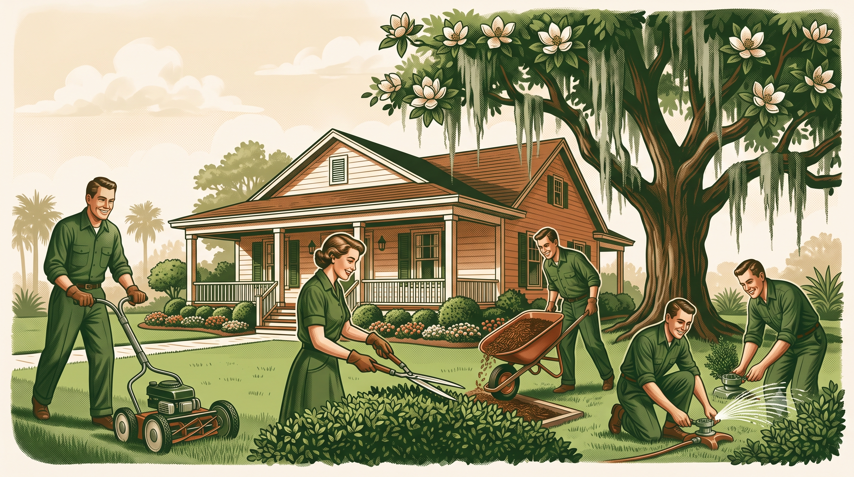 Illustrated landscaping crew at work in a Johns Island SC yard