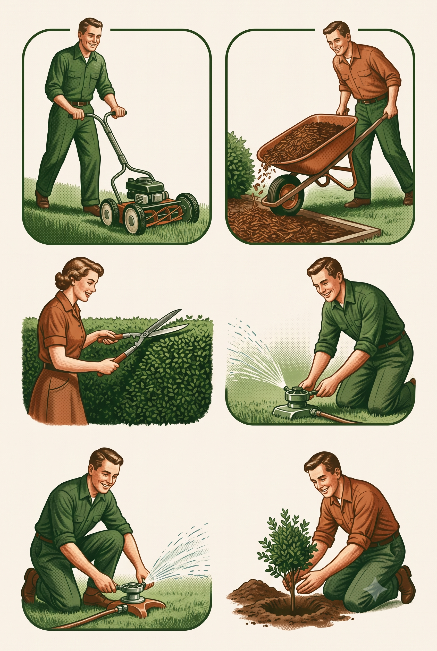 Illustrated overview of Great Garden Landscaping's core services — mowing, mulching, trimming, irrigation, and planting
