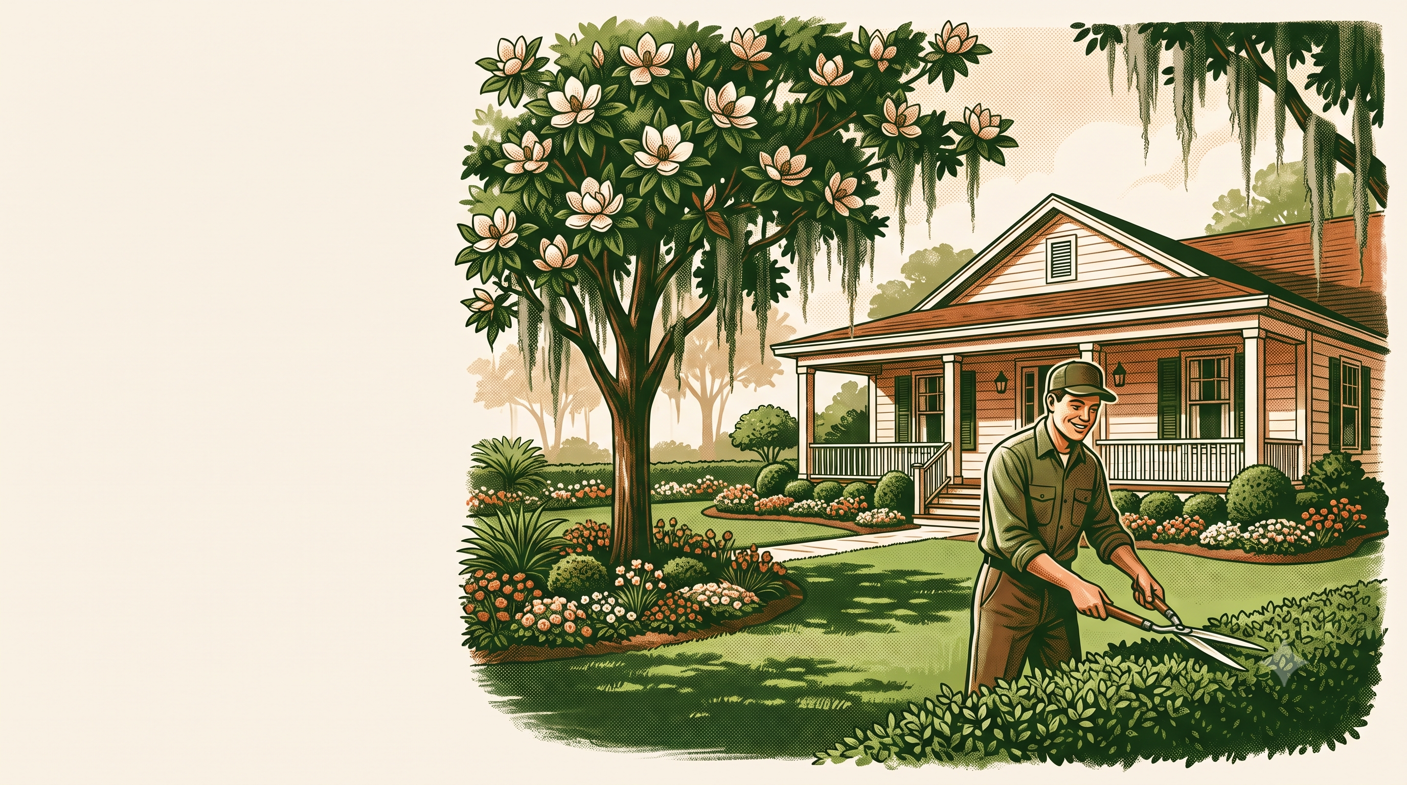 Illustrated Lowcountry yard scene representing Great Garden Landscaping's services in Johns Island, SC